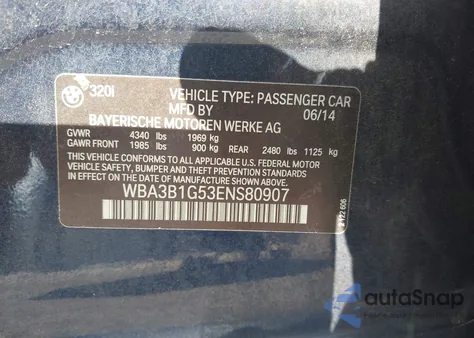 2014 BMW 320I из США, поврежденный, VIN WBA3B1G53ENS80907